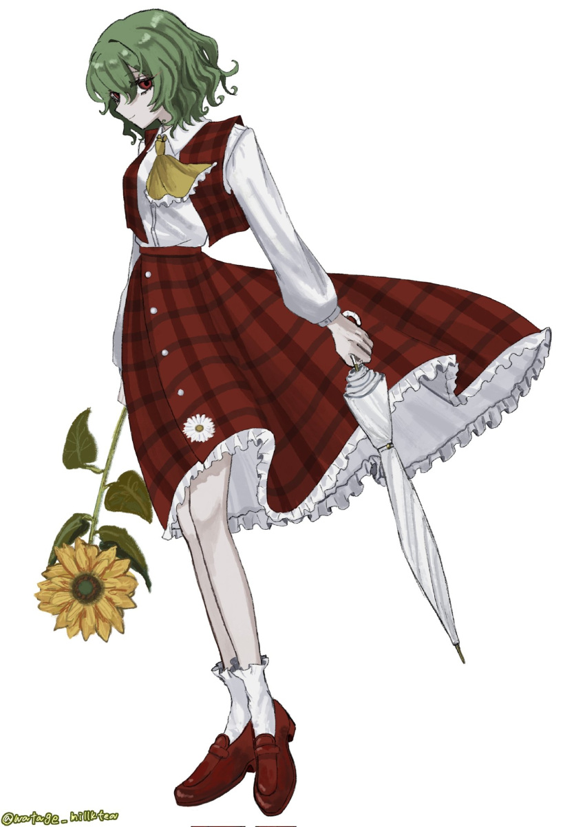 1girl, closed_mouth, commentary, flower, folded_umbrella, full_body, green_hair, highres