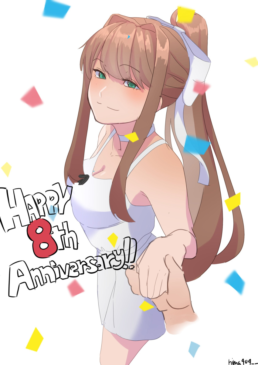 1girl, 1other, anniversary, artist_name, blush, breasts, brown_hair, cleavage