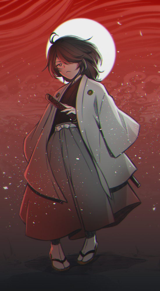 1boy, black_eyes, black_hair, closed_mouth, commentary, full_body, full_moon, hair_over_one_eye