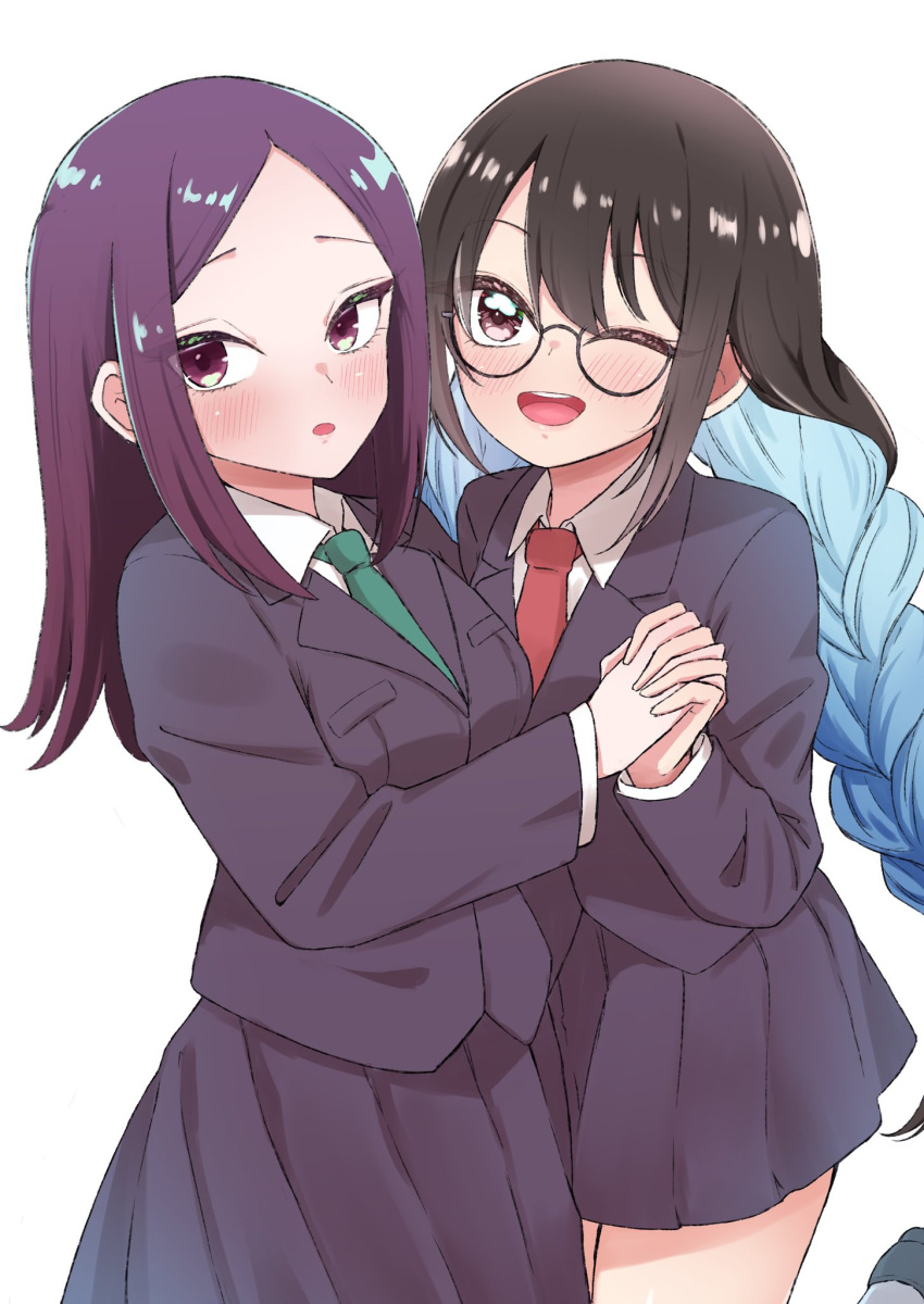 2girls, aged_down, aged_up, black-framed_eyewear, black_jacket, black_skirt, blazer, blue_hair