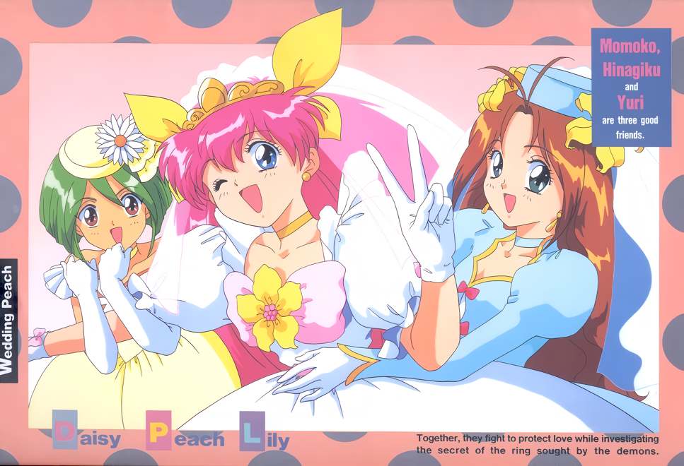 1990s_(style), 3girls, ai_tenshi_densetsu_wedding_peach, angel_daisy, angel_lily, antenna_hair, aqua_eyes, arm_hug