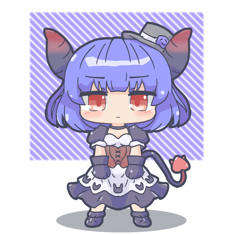1girl, apron, black_boots, black_dress, black_hat, black_horns, blue_hair, boots