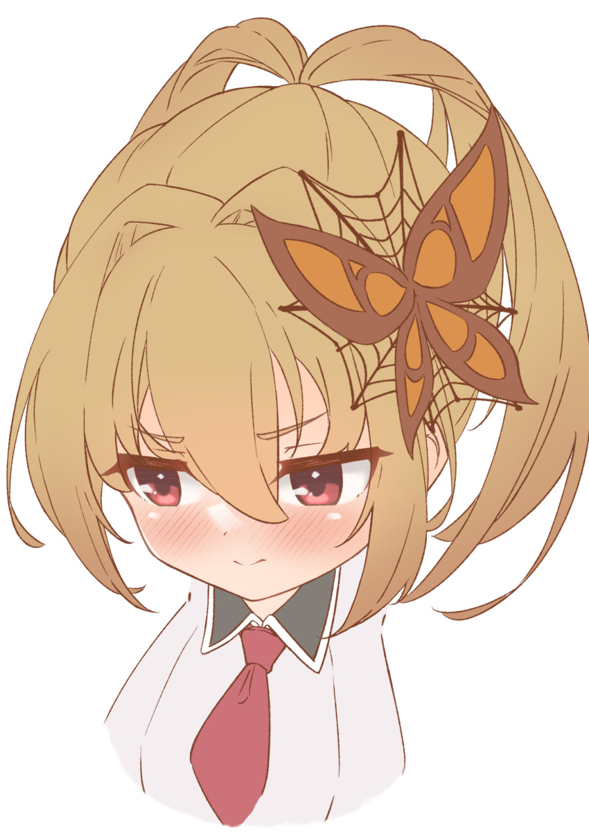 1girl, absurdres, blonde_hair, blush, butterfly_hair_ornament, cropped_head, emil_chronicle_online, hair_ornament, highres, long_hair, necktie, ponytail, red_eyes, red_necktie, shirt, silver-index, solo, spider_web_hair_ornament, split_ponytail, tarantula_alma, white_background, white_shirt