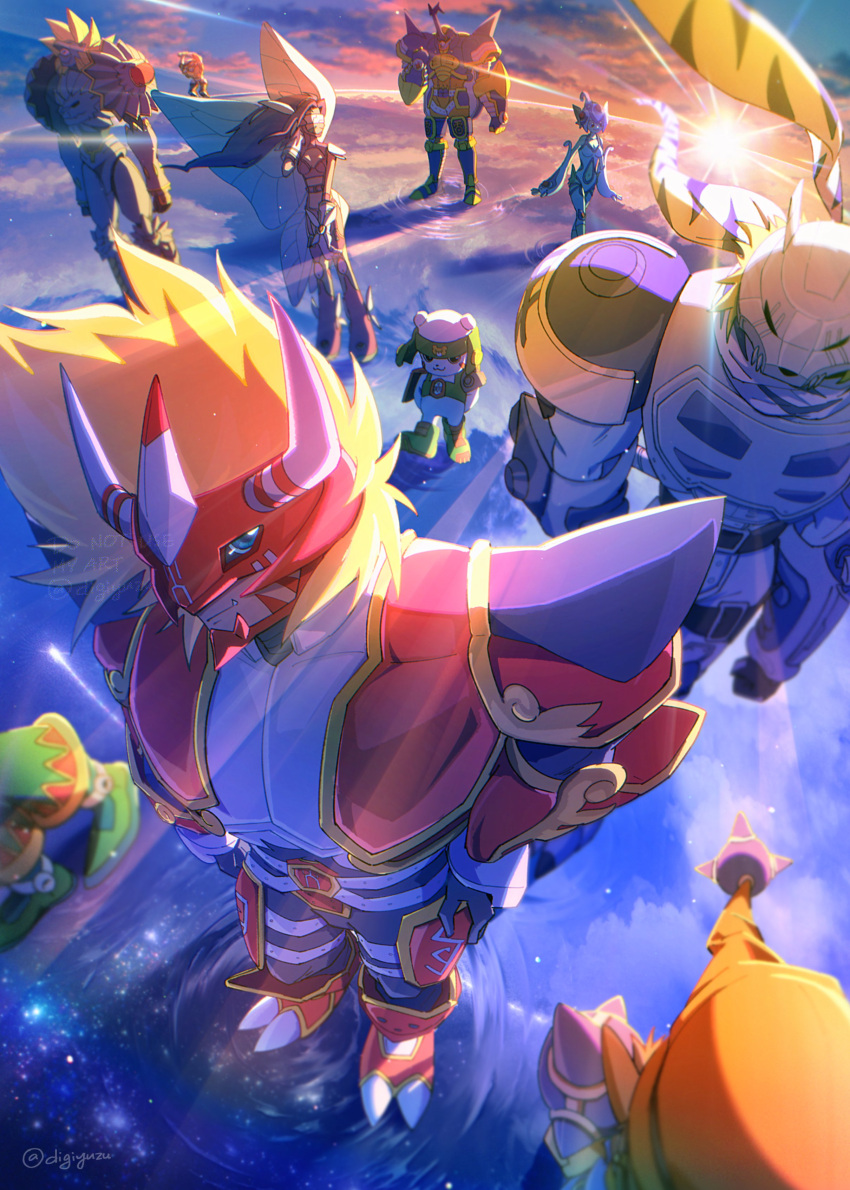 2girls, 6+boys, absurdres, agnimon, arbormon, armor, bikini, black_armor