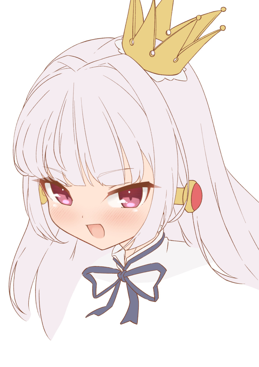1girl, absurdres, blue_ribbon, briking_rx1_alma, cropped_shoulders, crown, emil_chronicle_online, highres, long_hair, neck_ribbon, object_through_head, open_mouth, ribbon, screw_in_head, silver-index, solo, violet_eyes, white_background, white_hair