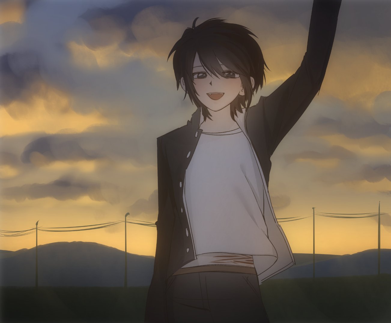 1boy, arm_up, black_eyes, black_hair, black_jacket, clouds, cloudy_sky, commentary_request