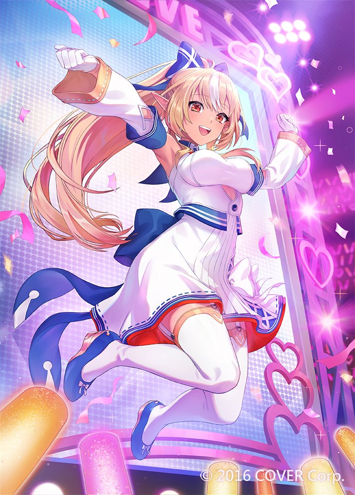 1girl, blonde_hair, blue_bow, blue_shoes, bow, breasts, commentary_request, company_name