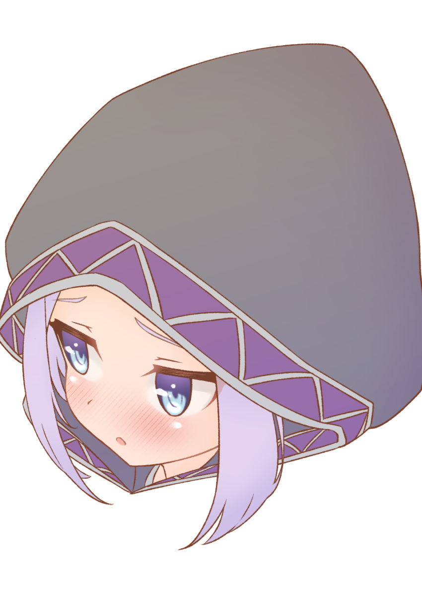 1girl, absurdres, black_hood, blue_eyes, blush, cropped_head, embarrassed, emil_chronicle_online