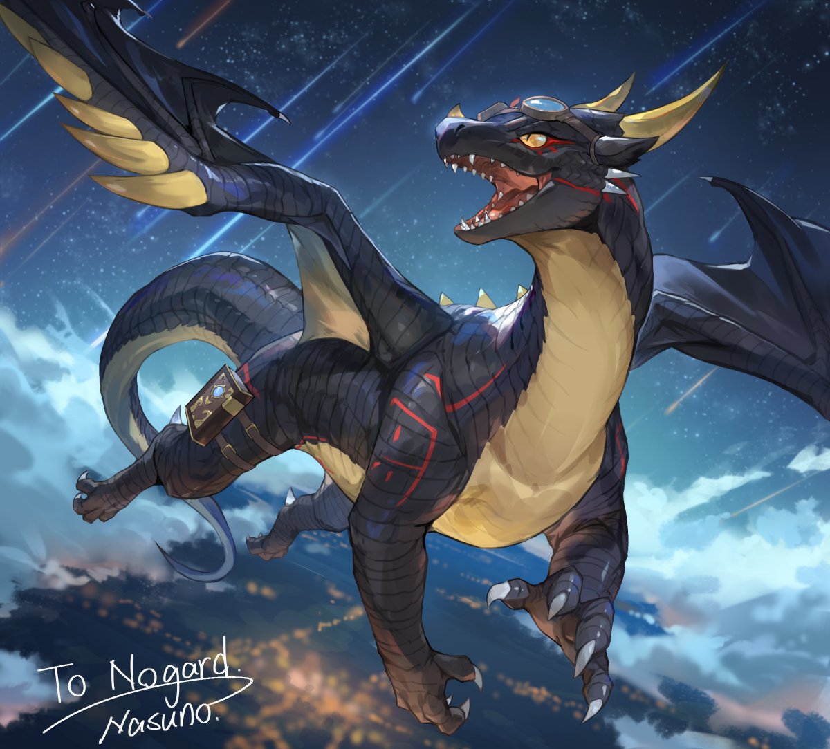 claws, clouds, commission, dragon, eyewear_on_head, flying, full_body, goggles