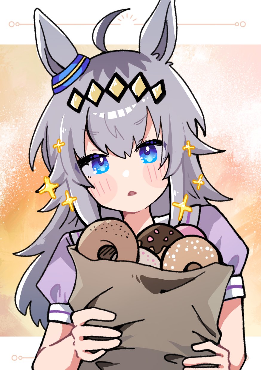 1girl, ahoge, animal_ears, bag, blue_eyes, blush, doughnut, ear_ornament, food, glutton, grey_hair, hair_between_eyes, hair_ornament, hairband, highres, holding, holding_bag, horse_ears, horse_girl, long_hair, looking_at_viewer, multicolored_hair, oguri_cap_(umamusume), open_mouth, pastry, puffy_short_sleeves, puffy_sleeves, purple_shirt, sailor_collar, sailor_shirt, school_uniform, segawa_rui, shirt, short_sleeves, solo, star_(symbol), tracen_school_uniform, umamusume, upper_body, white_sailor_collar
