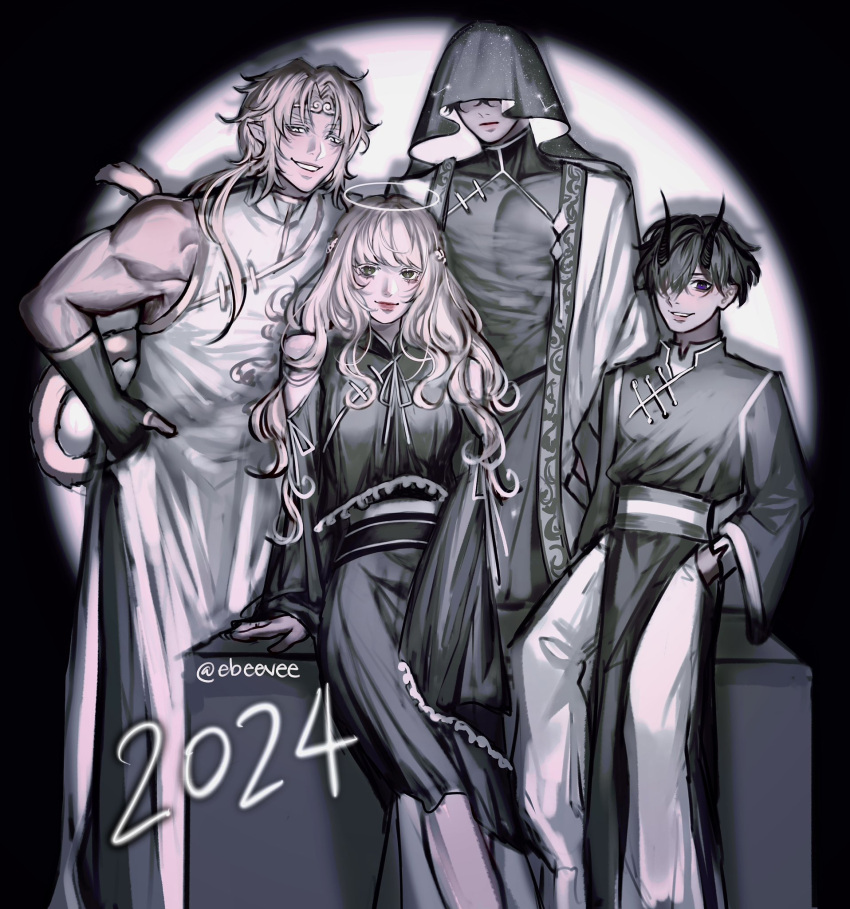 1girl, 2024, 3boys, abyssal_black_flame_dragon_(omniscient_reader's_viewpoint), bangle, black_dress, black_hair, black_hanbok