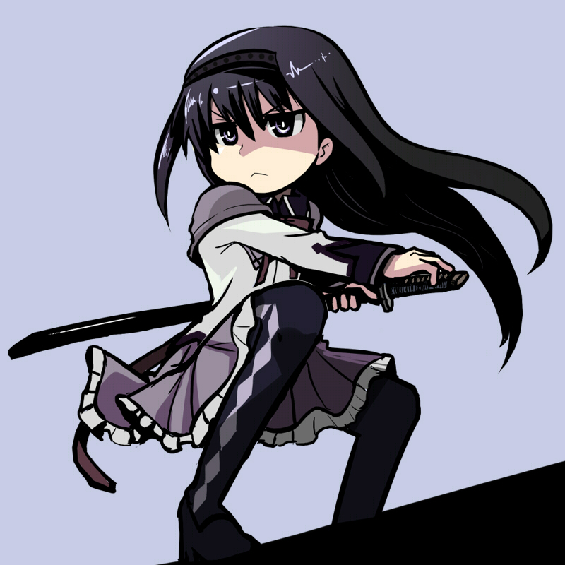 akemi_homura, b3, black_hair, hairband, long_hair, magical_girl, mahou_shoujo_madoka_magica, pantyhose, purple_eyes, solo, sword, violet_eyes, weapon