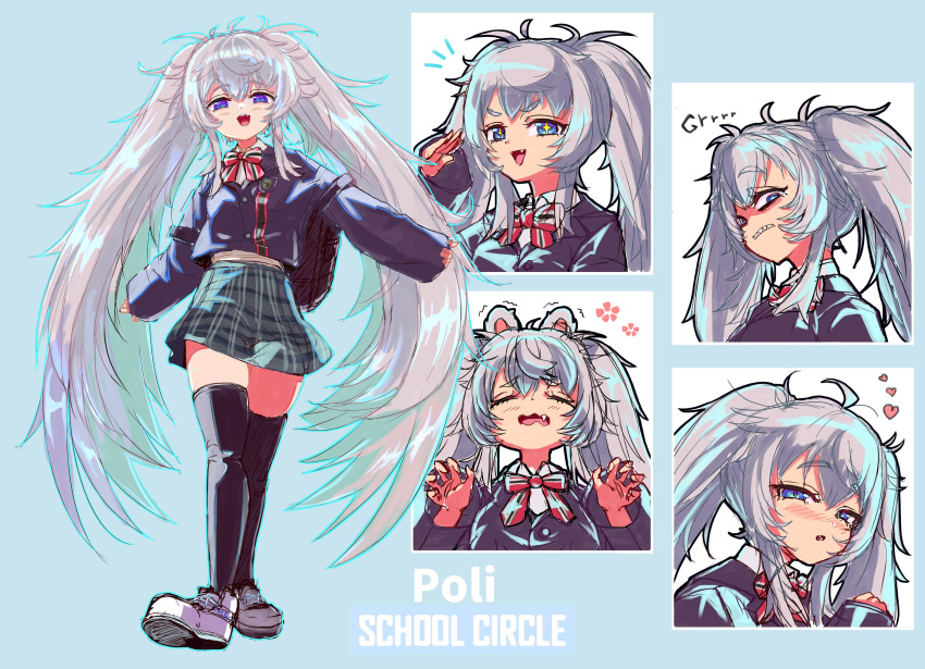 1girl, absurdres, backpack, bag, black_thighhighs, blue_background, blue_eyes, blue_jacket, bow, bowtie, character_name, collared_shirt, goddess_of_victory:_nikke, grey_hair, grey_skirt, hair_between_eyes, heart, highres, inugressive, jacket, long_hair, looking_at_viewer, multiple_views, open_mouth, plaid_clothes, plaid_skirt, poli_(nikke), salute, school_uniform, scowl, sharp_teeth, shirt, shoes, sidelocks, skirt, sneakers, standing, striped_bow, striped_bowtie, striped_clothes, teeth, thigh-highs, twintails, very_long_hair, white_shirt, white_shoes