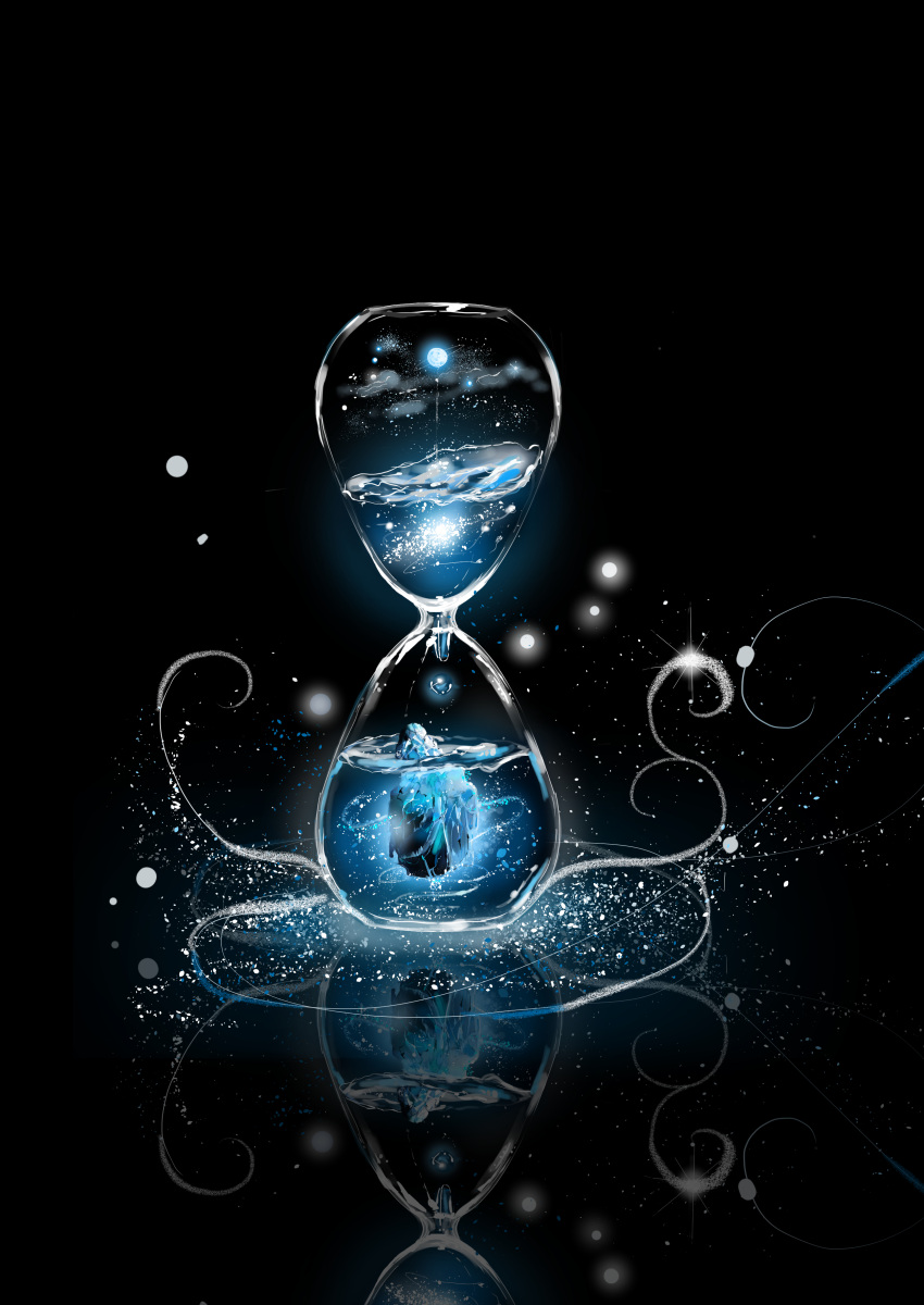 absurdres, awanagiee, commentary, fantasy, glass, glowing_motes, highres, hourglass