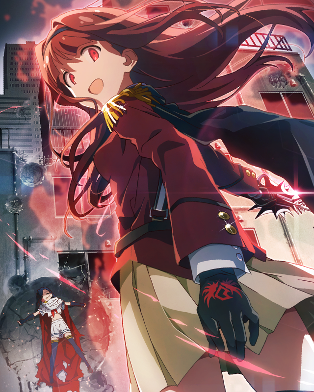 2girls, aura, black_gloves, black_hairband, city, commentary_request, cowboy_shot, dark_persona