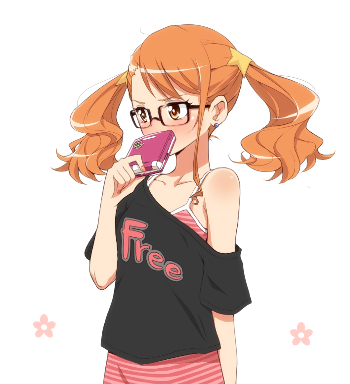 ano_hi_mita_hana_no_namae_wo_bokutachi_wa_mada_shiranai, bare_shoulders, blush, brown_eyes, brown_hair, bust, clothes_writing, clothing_writing, covering, covering_face, covering_mouth, earrings, flat_chest, glasses, jewelry, maro_nie, nail_polish, off_shoulder, orange_hair, simple_background, t-shirt, twintails