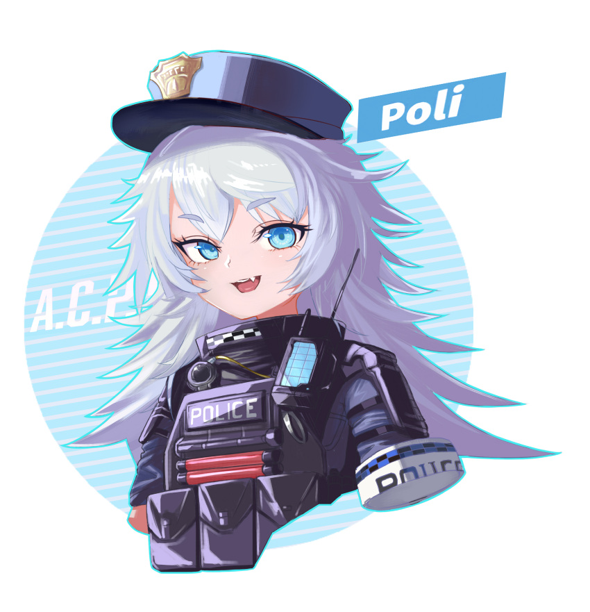 1girl, absurdres, ammunition_pouch, armband, blue_eyes, bulletproof_vest, character_name, cropped_torso, fang, fluffy_hair, goddess_of_victory:_nikke, grey_hair, highres, inugressive, long_hair, looking_at_viewer, open_mouth, poli_(nikke), police, police_uniform, pouch, walkie-talkie, white_background