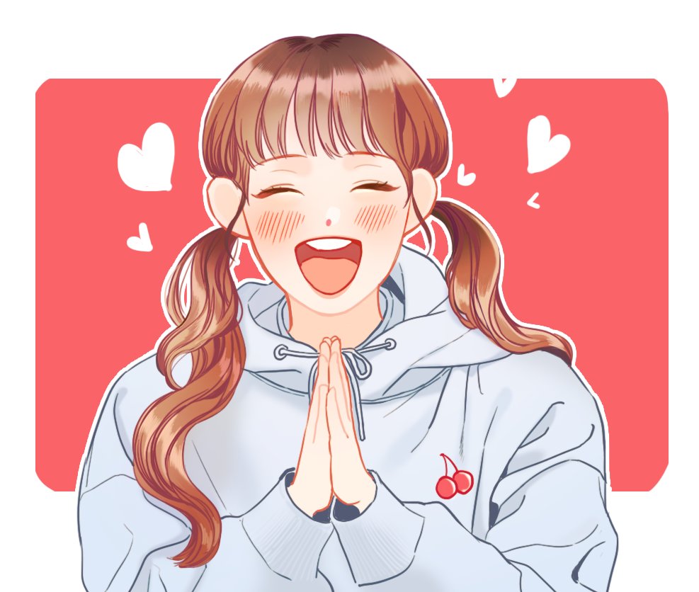 1girl, ^_^, blunt_bangs, border, brown_hair, chuu_(loona), closed_eyes, commentary