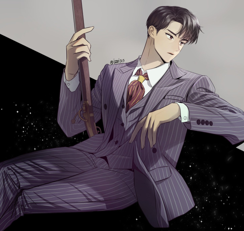 1boy, antique_firearm, black_hair, closed_mouth, collared_shirt, commentary_request, crossed_legs, firelock