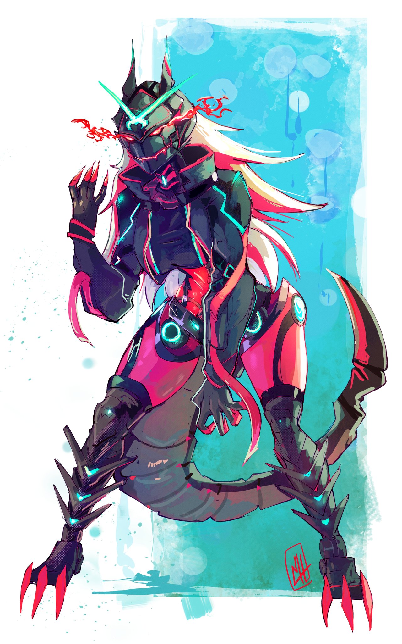 1girl, black_gloves, black_helmet, black_jacket, bodysuit, boutsoftheblind, cropped_jacket, dragon_girl