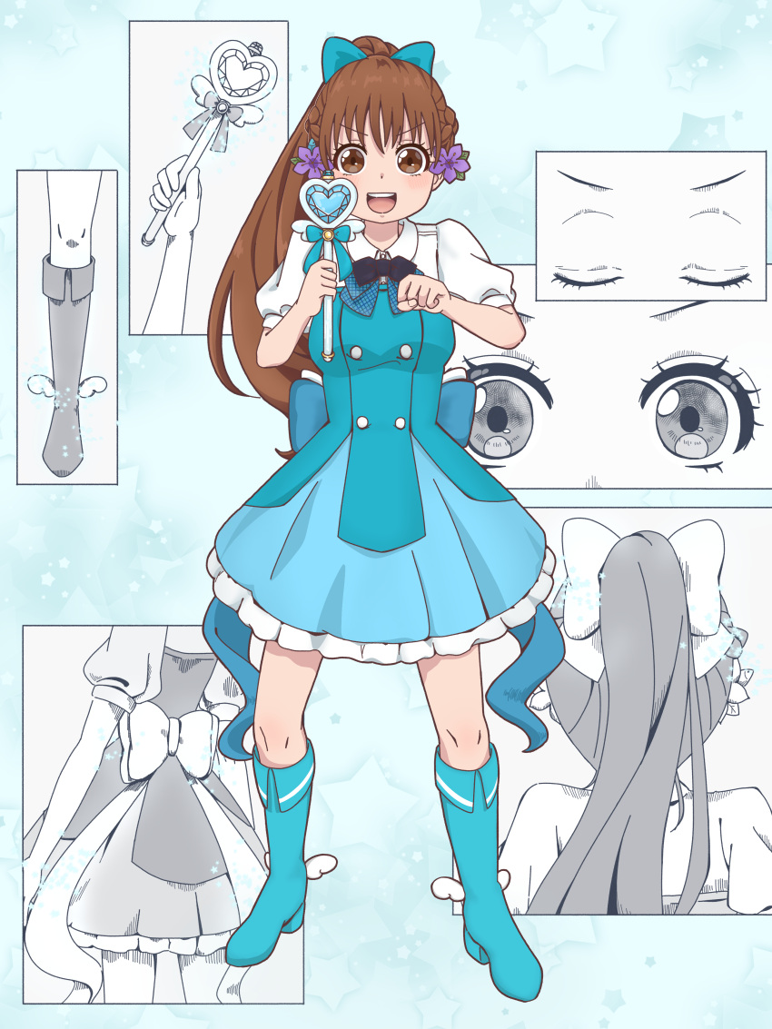 1girl, :d, absurdres, amaririsu, blue_boots, blue_bow, blue_dress, boots