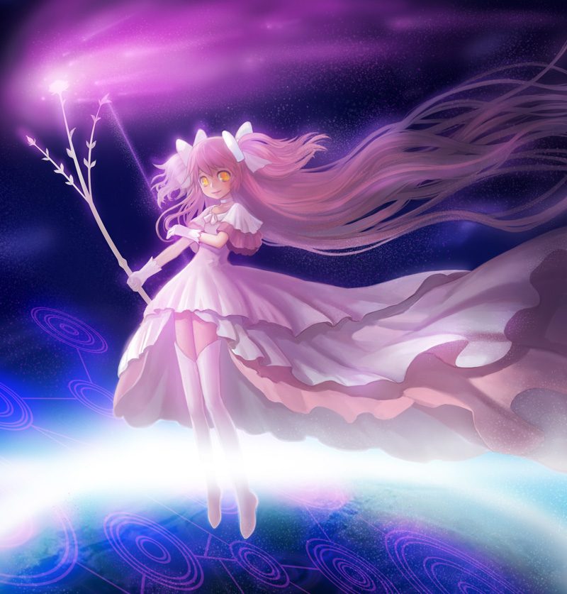 alternate_hairstyle, bow, cherryxoa, dress, gloves, goddess_madoka, hair_bow, kaname_madoka, long_hair, magical_girl, mahou_shoujo_madoka_magica, pink_hair, smile, solo, spoilers, ultimate_madoka, very_long_hair, white_gloves, yellow_eyes