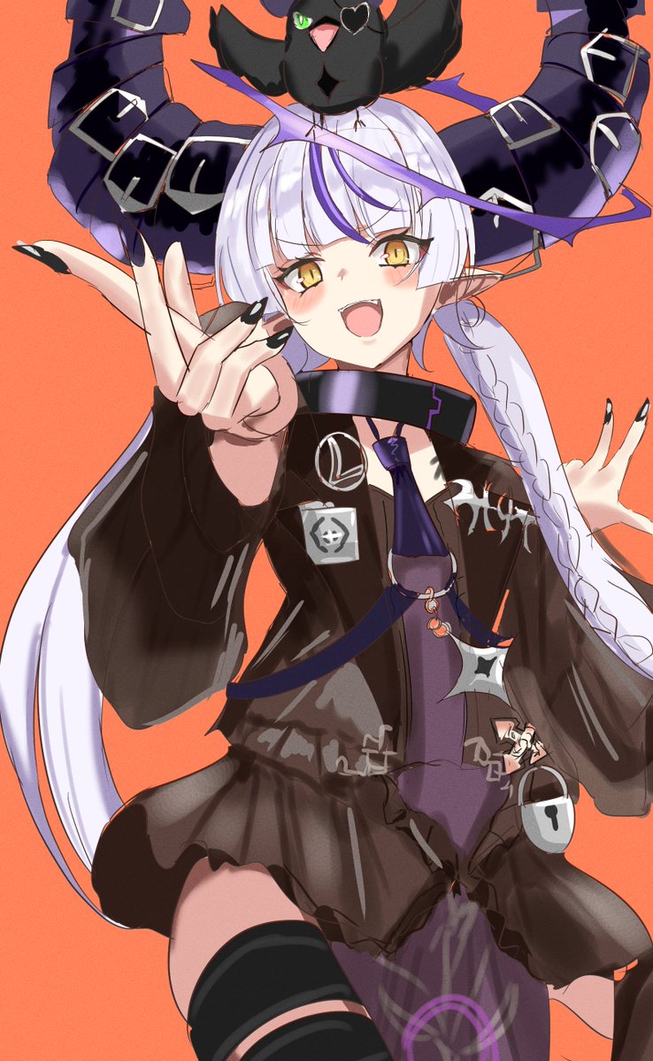1girl, animal_on_head, bird, bird_on_head, black_collar, black_jacket, black_nails, black_skirt
