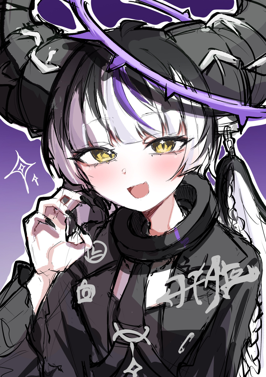 1girl, absurdres, black_collar, black_jacket, black_nails, collar, demon_girl, demon_horns