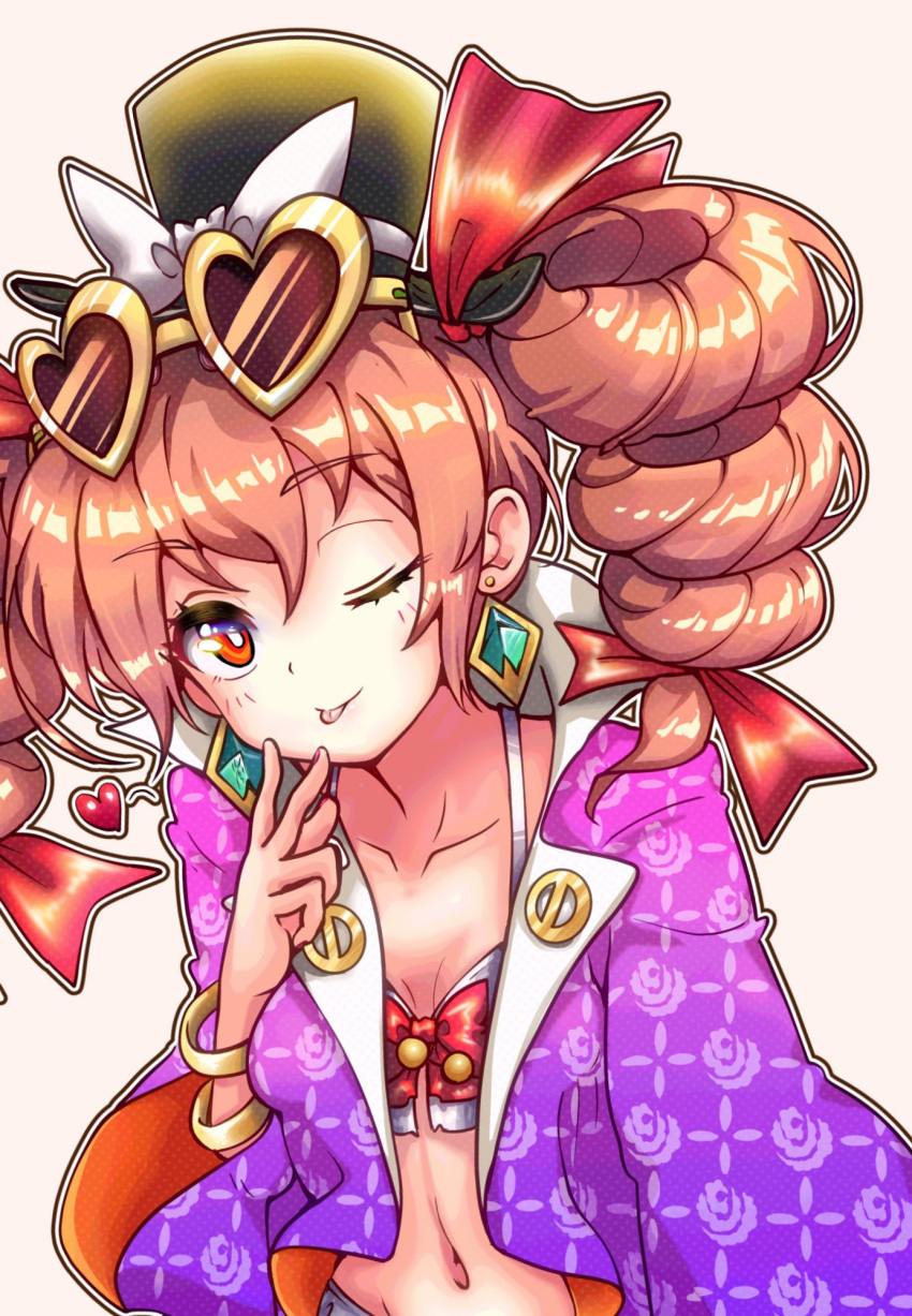 1girl, ;b, bangle, bow, bra, bracelet, carbohydrate_(asta4282), coat