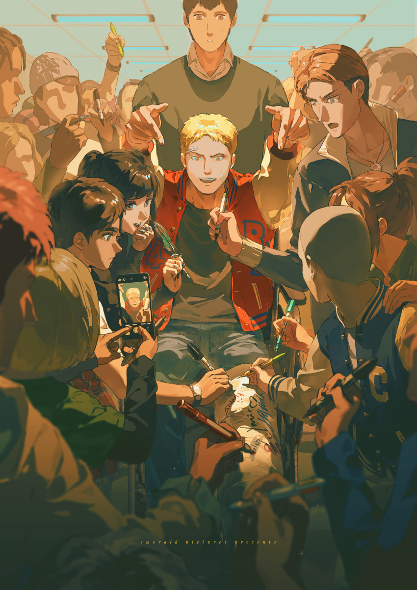 2girls, armin_arlert, arms_up, artist_name, bertolt_hoover, black_nails, blonde_hair, blunt_bangs