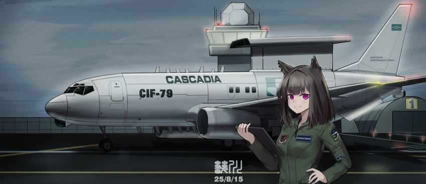 >:), 1girl, absurdres, adversarial_noise, aircraft, aircraft_hanger, airplane, animal_ears