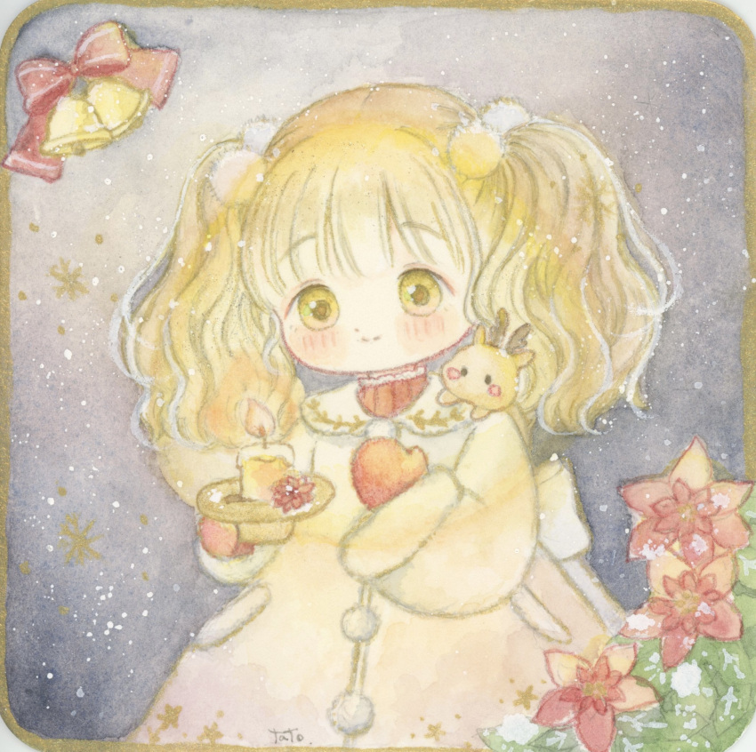 1girl, bell, blonde_hair, blush, candle, child, christmas, dress