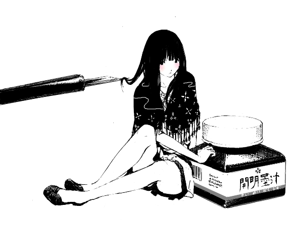 fountain_pen, ink_well, inkwell, monochrome, original, pen, sawasawa, solo, spot_color