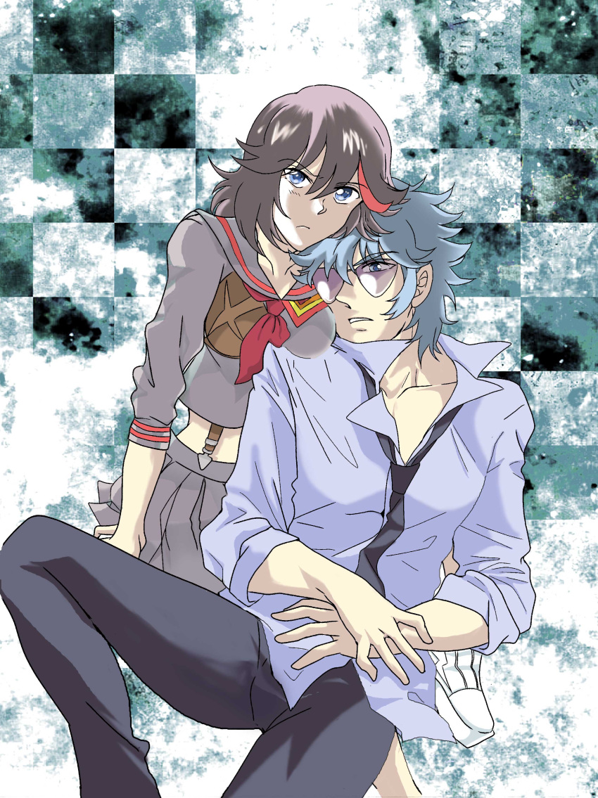 0413ao, absurdres, athletic_shoes, black_hair, blue_eyes, blue_hair, glaring, head_on_another's_head