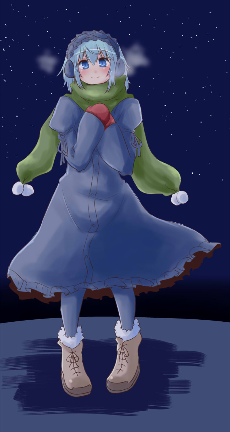 1boy, 2channel, 2channel_(/livejupiter/), aile-kun, blue_eyes, blue_hair, blue_sky, blush, boots, breath, brown_boots, closed_mouth, commentary_request, crossdressing, crossdressing_(mtf), dress, earmuffs, full_body, fur-trimmed_boots, fur_trim, green_scarf, grey_dress, grey_hairband, grey_pantyhose, hairband, highres, itini-sanshi, long_sleeves, looking_at_viewer, male_focus, mittens, night, outdoors, pantyhose, red_mittens, scarf, short_hair, sky, smile, solo, standing, star_(sky), starry_sky, trap