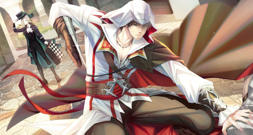 1boy, 1girl, apple, apple_(reverse:1999), apple_(the_fruit_of_wisdom)_(reverse:1999), ascot, assassin's_creed_(series), assassin's_creed_ii