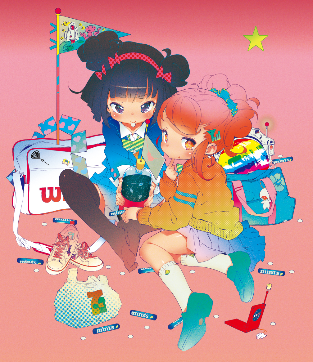 black_hair, bow, flag, gradient_hair, hair_bow, hairband, multicolored_hair, multiple_girls
