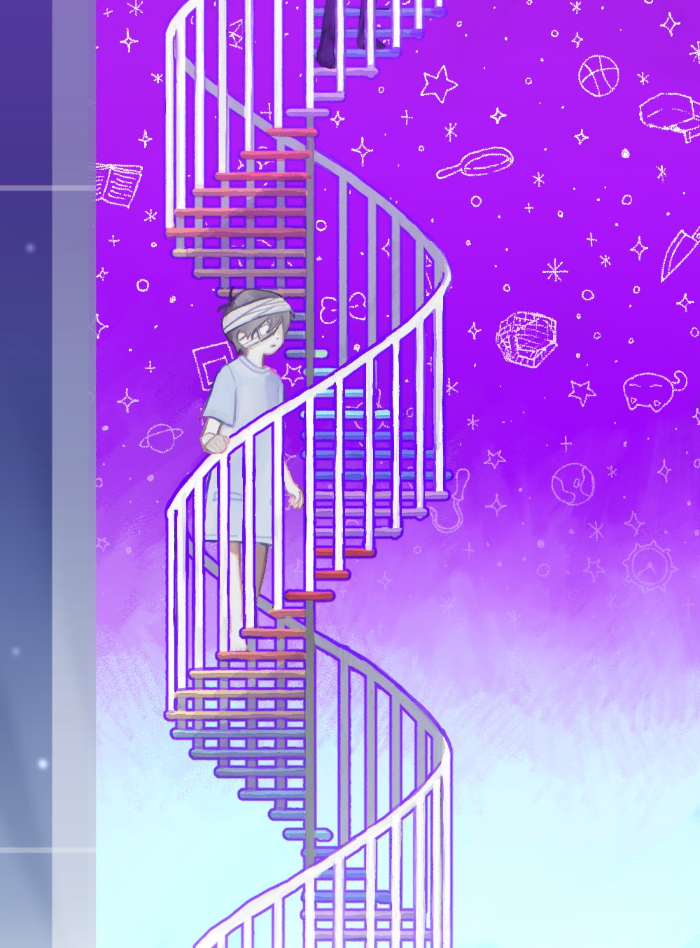 1boy, antenna_hair, bandage_over_one_eye, bandaged_head, bandages, bare_legs, blue_shirt, blue_sky