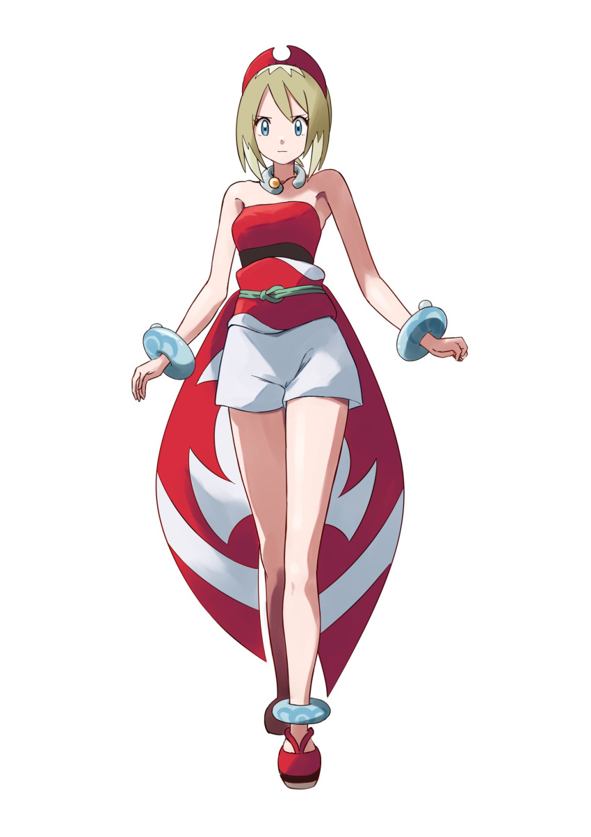 1girl, ankle_ring, blonde_hair, blue_eyes, bracelet, breasts, closed_mouth, full_body