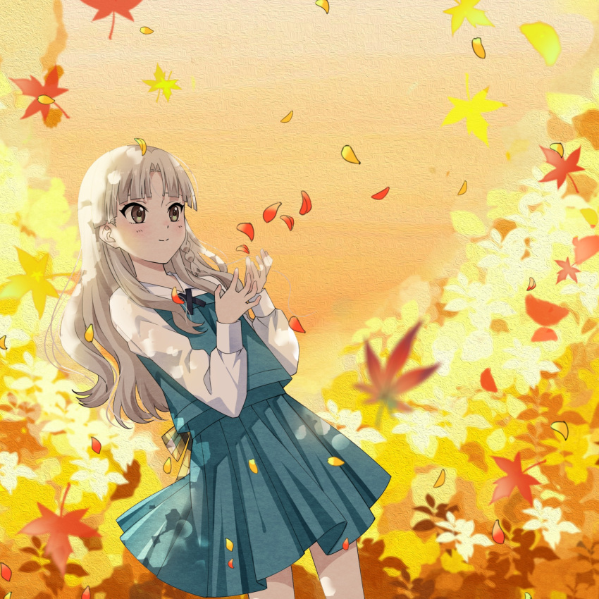 1girl, 22/7, blue_skirt, blue_vest, braid, closed_mouth, falling_leaves, feet_out_of_frame