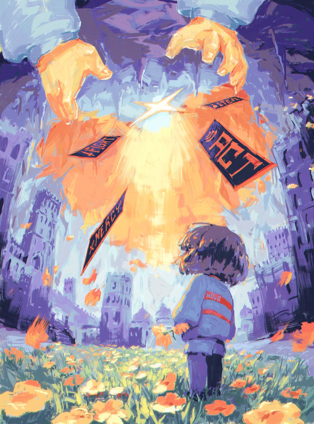 1other, black_hair, blue_shorts, blue_sweater, bob_cut, castle, city, facing_away, field, flower, flower_field, frisk_(undertale), highres, holding, holding_flower, holo303, long_sleeves, orange_flower, outdoors, outstretched_arms, shorts, standing, striped_clothes, striped_sweater, sweater, tower, undertale, utdr_(toby_fox)