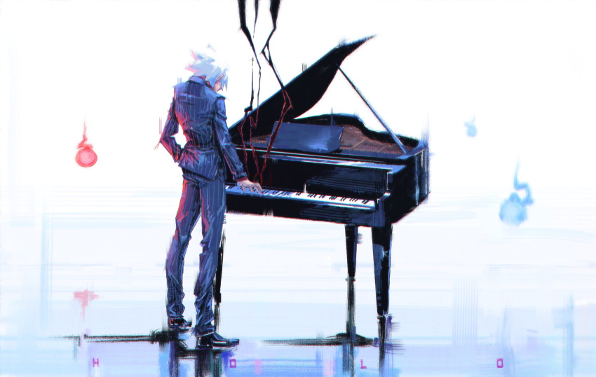 1boy, black_shoes, collared_shirt, facing_away, hand_on_own_hip, highres, holo303, instrument