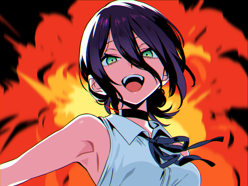 1girl, absurdres, black_choker, black_ribbon, blood, chainsaw_man, choker, collared_shirt