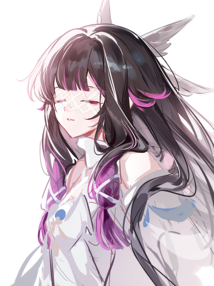 1girl, bare_shoulders, black_hair, closed_eyes, columbina_(genshin_impact), detached_sleeves, dress, eye_mask