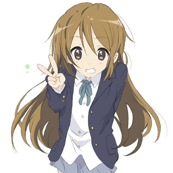 1girl, alternate_hairstyle, bad_id, brown_eyes, brown_hair, core_(mayomayo), grin, k-on!