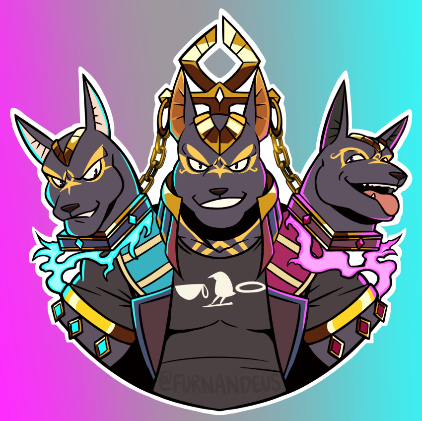 1boy, animal_ears, anuberus_(xxl), artist_name, black_shirt, chain, chain_leash, english_commentary