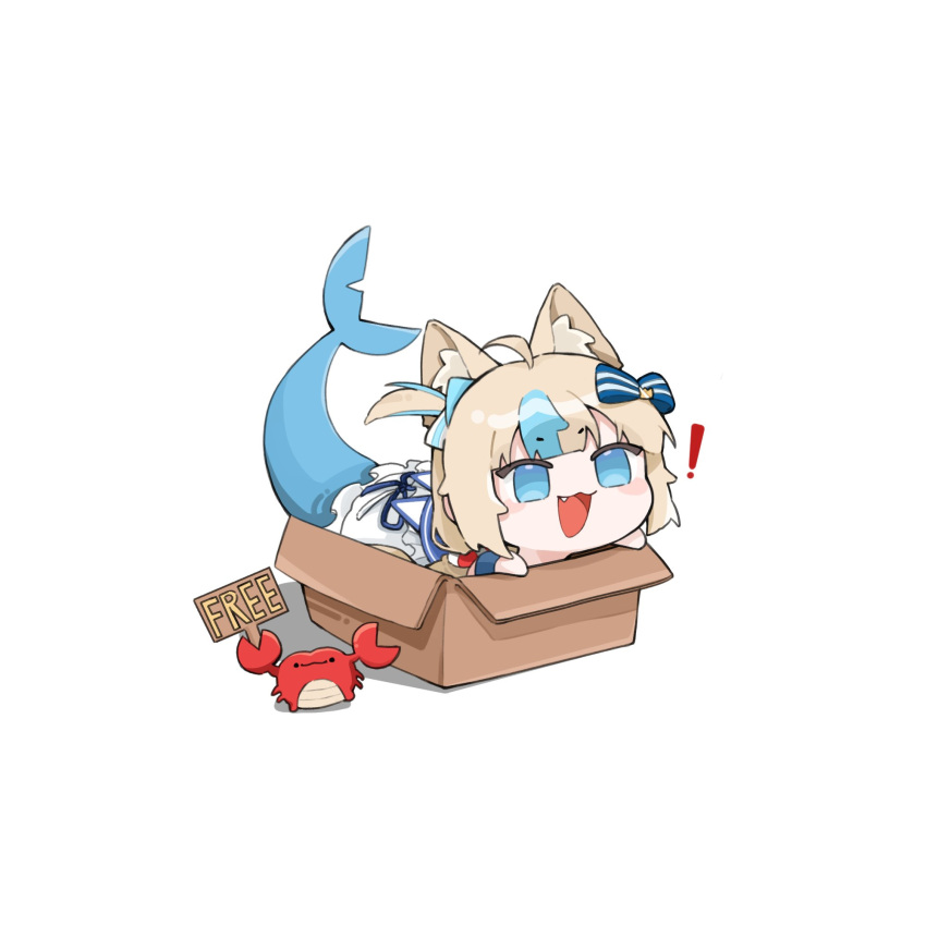 !, 1girl, :3, ahoge, animal_ear_fluff, animal_ears, blonde_hair, blue_eyes, bow, box, cardboard_box, cat_ears, chibi, commentary_request, crab, dress, fang, fins, fish_tail, from_side, hair_bow, highres, holding, holding_sign, ilgong, in_box, in_container, indie_virtual_youtuber, kaniki_(sameko_saba), multicolored_hair, open_mouth, sameko_saba, shark_tail, sign, simple_background, smile, solo, streaked_hair, tail, tail_raised, white_background, white_dress