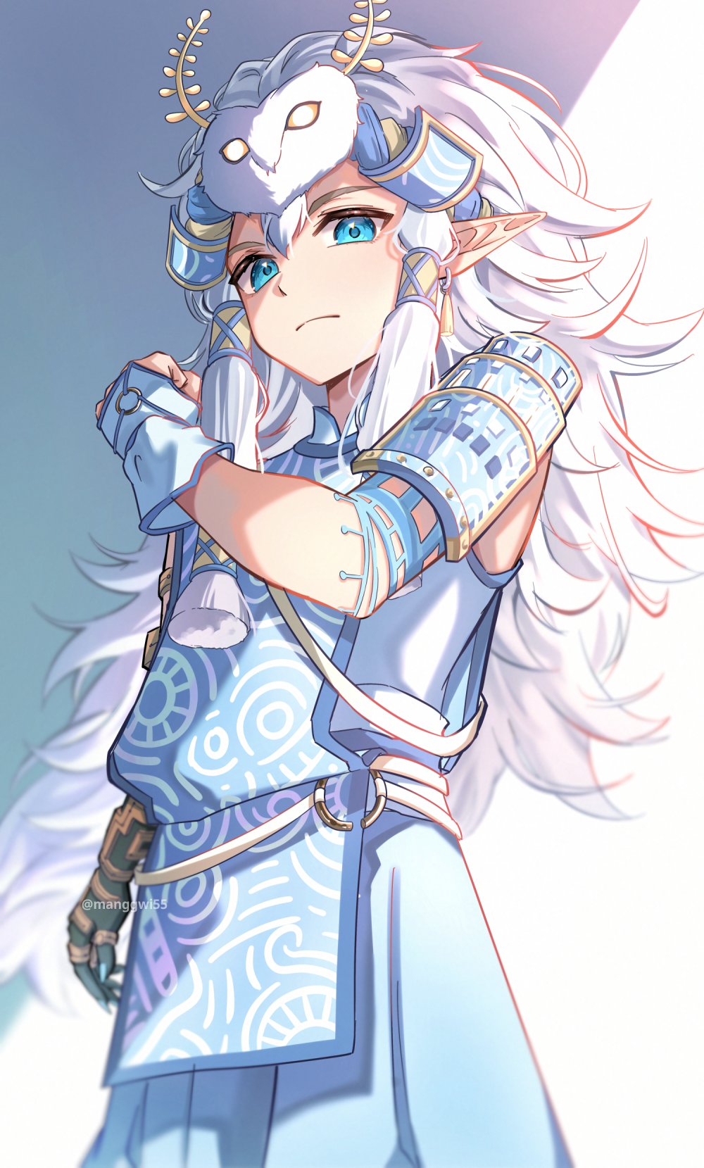 1boy, aqua_eyes, armor, clenched_hand, closed_mouth, cowboy_shot, hair_between_eyes, hair_tubes
