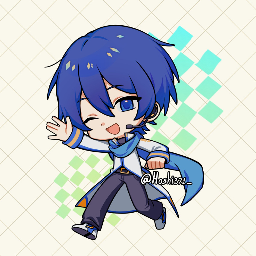 1boy, ;d, \||/, arm_up, belt, black_belt, black_pants, black_shirt