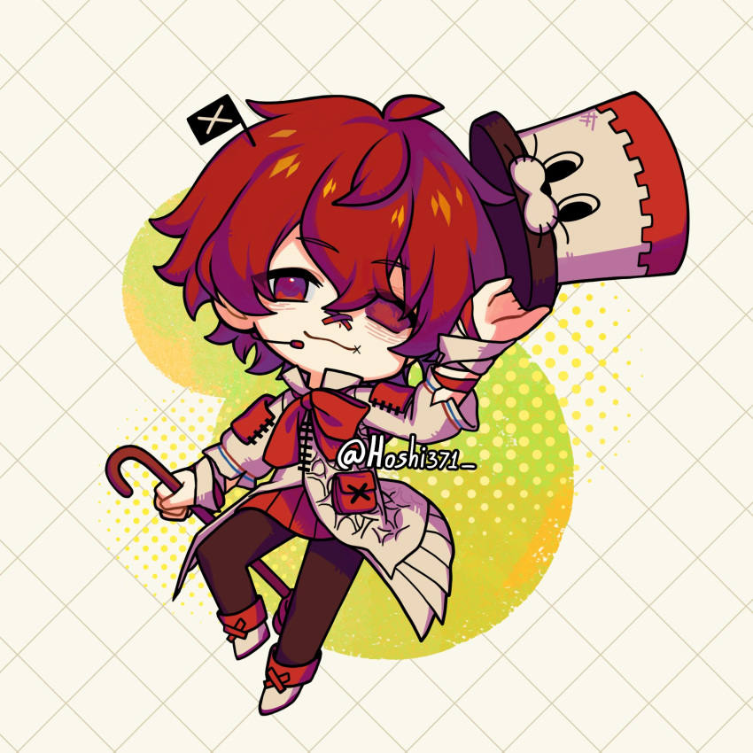 1boy, :3, ahoge, ankle_boots, arm_at_side, arm_up, black_pants, boots, bow, bowtie, cane, chibi, chibi_only, coat, colored_sclera, commentary, english_commentary, flag, fukase, full_body, halftone, halftone_background, hat, head_flag, headset, highres, holding, holding_cane, holding_unworn_clothes, holding_unworn_hat, hoshi371, layered_sleeves, long_sleeves, looking_at_viewer, male_focus, miniskirt, mismatched_sclera, pants, pleated_skirt, red_bow, red_bowtie, red_eyes, red_hair, red_sclera, red_skirt, simple_background, skirt, solo, standing, standing_on_one_leg, stitched_mouth, stitches, top_hat, twitter_username, unworn_hat, unworn_headwear, vocaloid, white_boots, white_coat, yellow_background